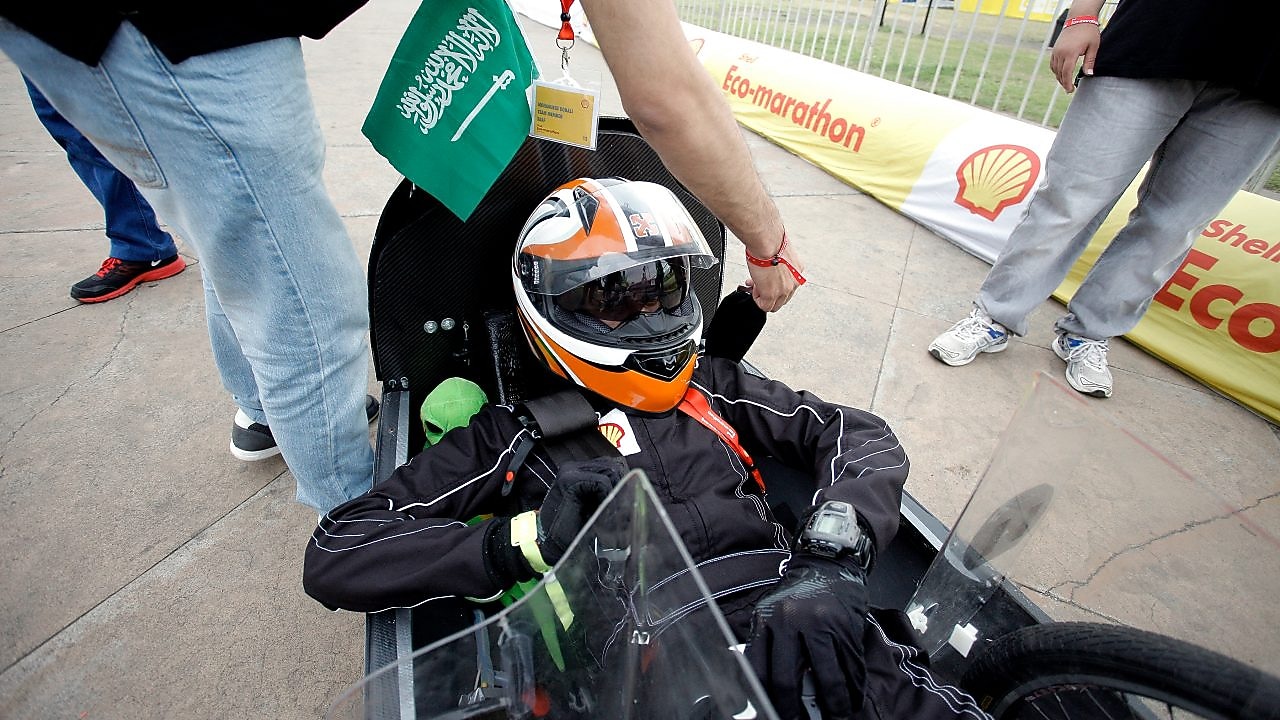 The King Saud University team getting ready for the start of the Shell Eco-marathon 2016 competition