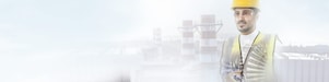 worker in a yellow hard hat transposed onto a background of a power plant