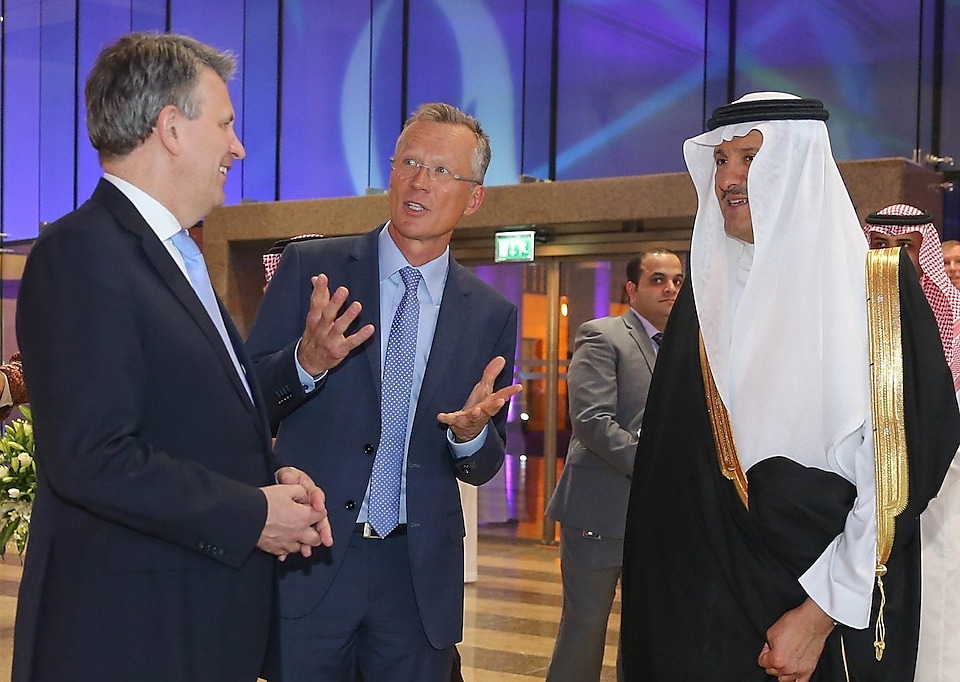 Royal Dutch Shell CEO Ben van Beurden and VP and country chairman of Shell in Saudi Arabia Patrick van Daele welcome HRH Prince Sultan bin Salman at Shell Saudi’s 75th celebration at the National Museum