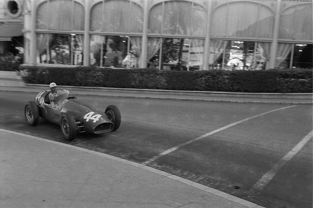 Maurice Trintignant driving his Ferrari Formula 1 car at the Monaco Grand Prix in 1955
